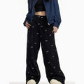 American Retro Puppy Full Printed Embroidery Corduroy Pants Women's Loose Casual Straight-leg