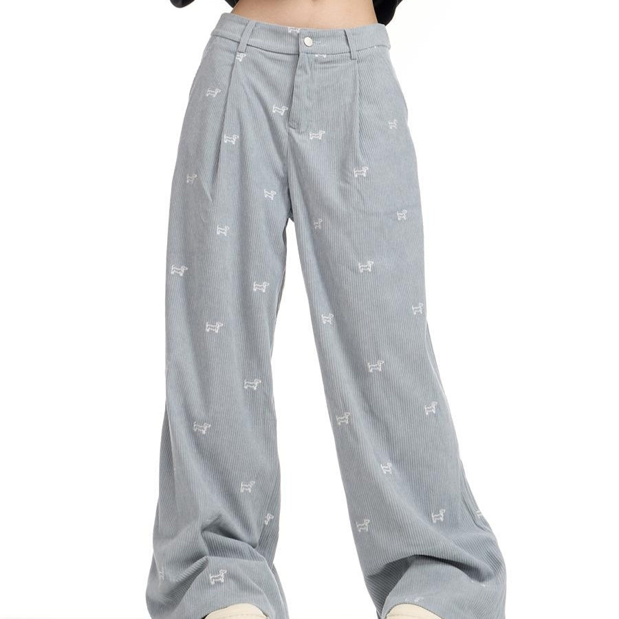 American Retro Puppy Full Printed Embroidery Corduroy Pants Women's Loose Casual Straight-leg