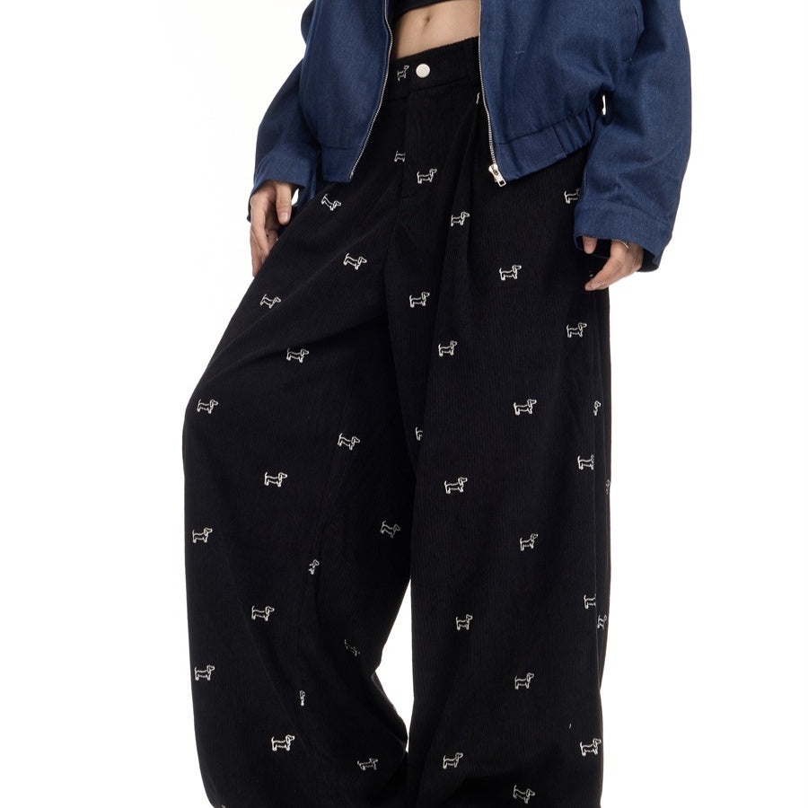 American Retro Puppy Full Printed Embroidery Corduroy Pants Women's Loose Casual Straight-leg