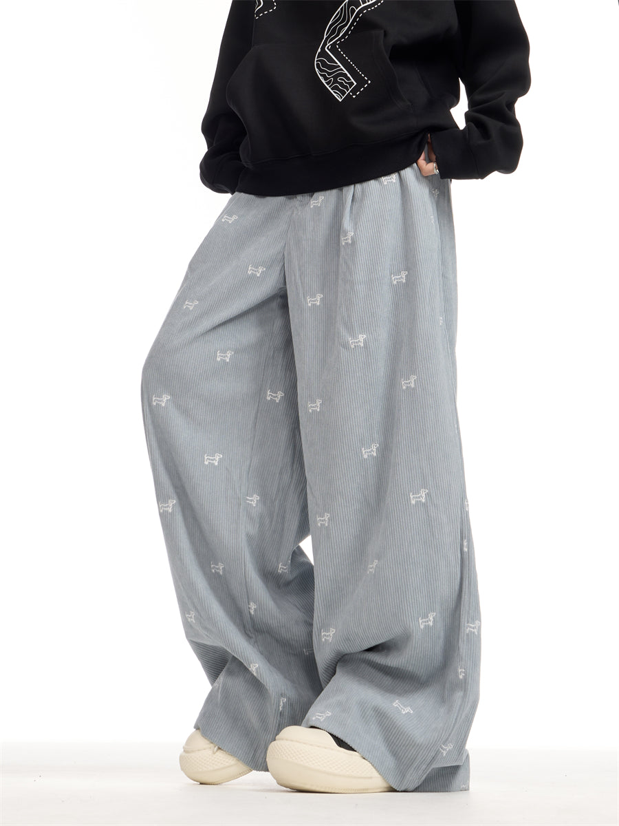 American Retro Puppy Full Printed Embroidery Corduroy Pants Women's Loose Casual Straight-leg